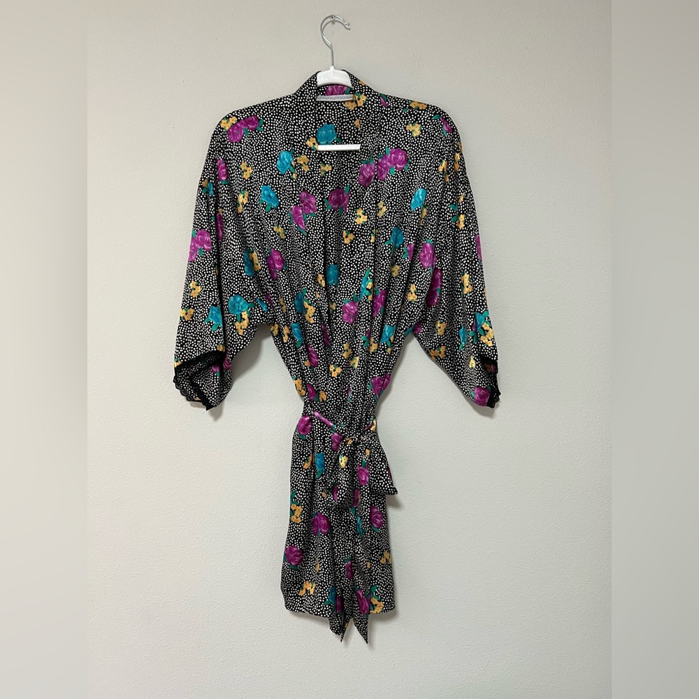 Erika Taylor Vintage 1990 Floral Polka Dot Print Satin Robe